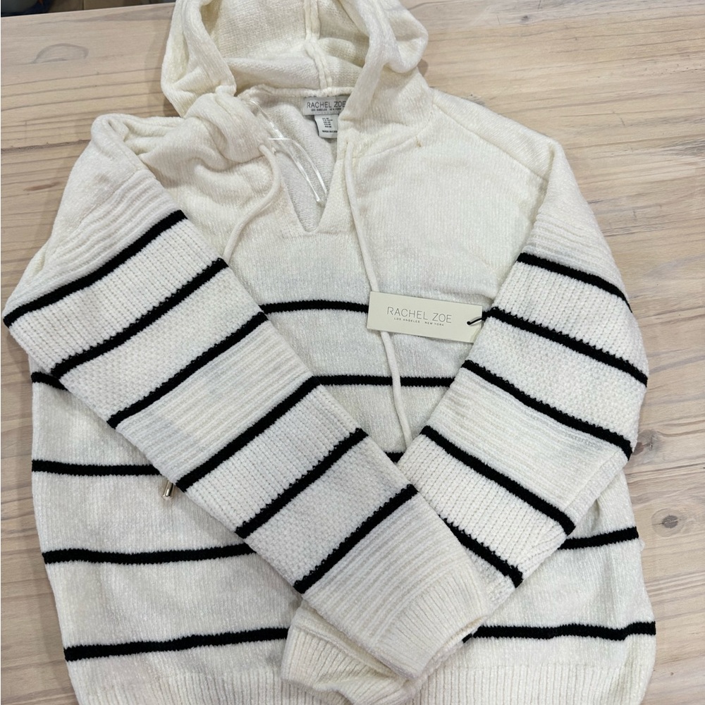 Rachel Zoe Cream and Black Striped Hooded Zip Sweater